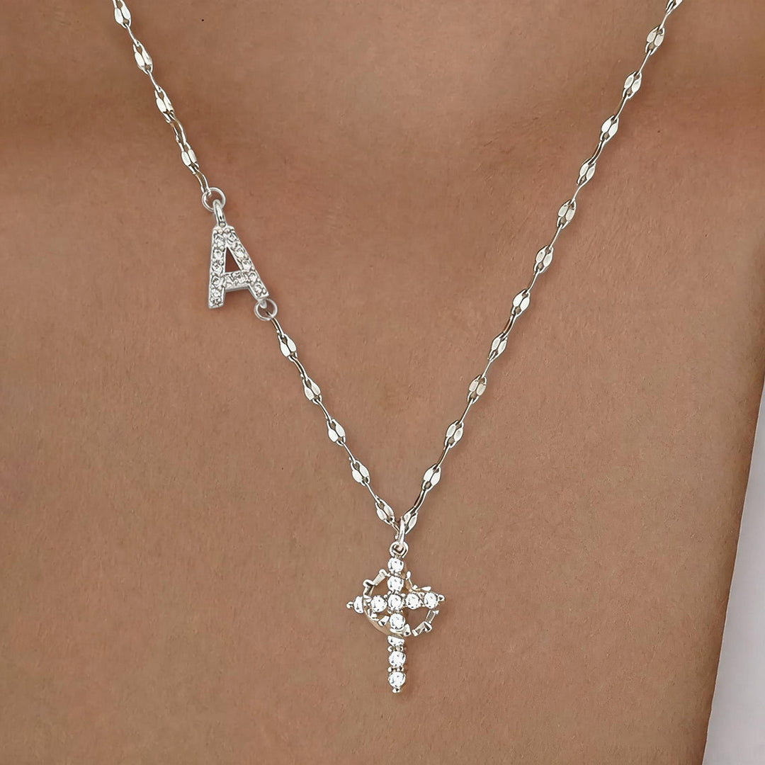 Initial Cross Zircon Pendant Necklace