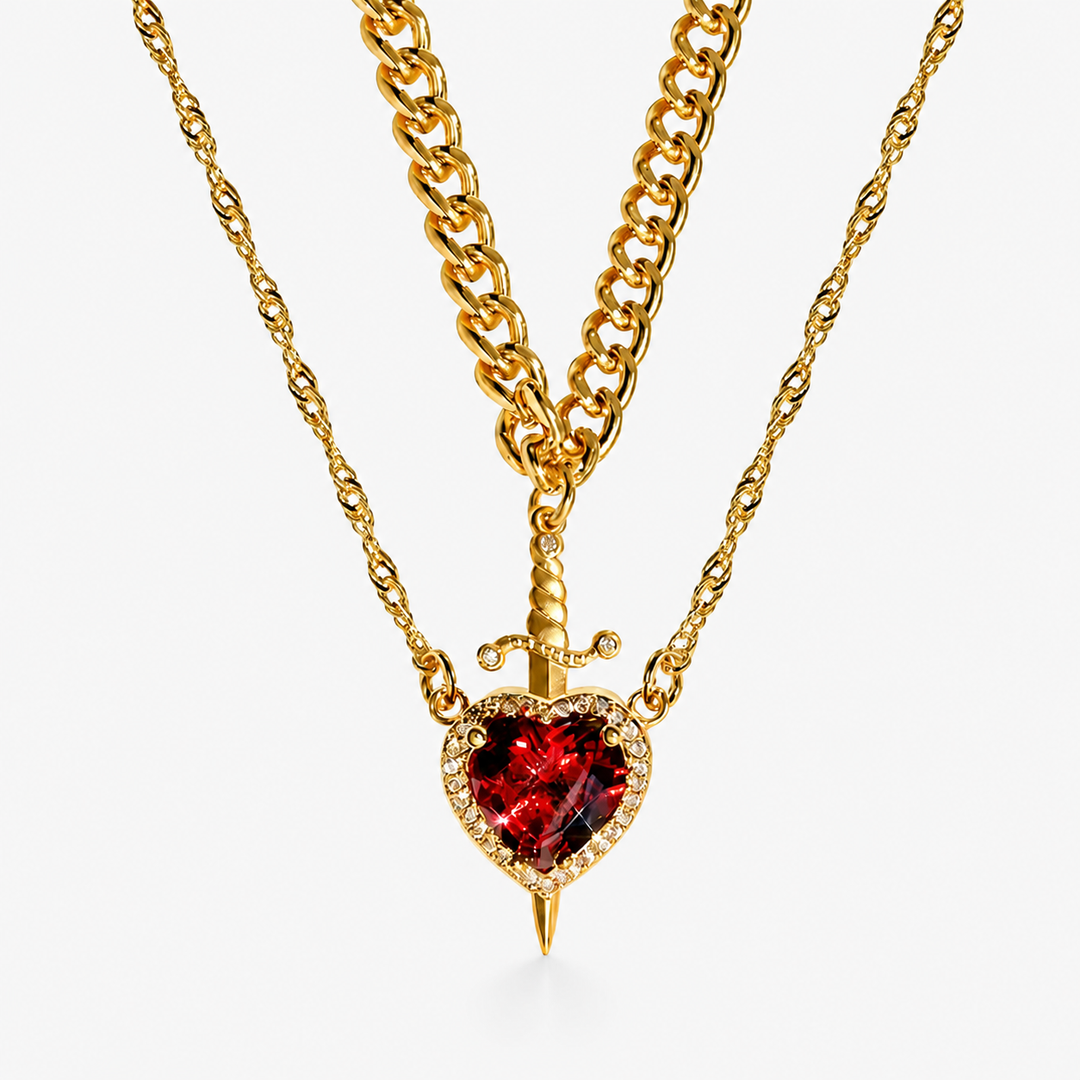 Red Crystal Heart Dagger Layered Necklace