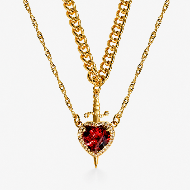 Red Crystal Heart Dagger Layered Necklace