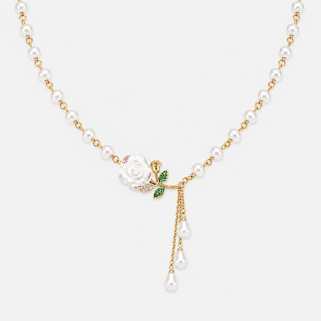Rose &amp; Pearl Tassel Necklace