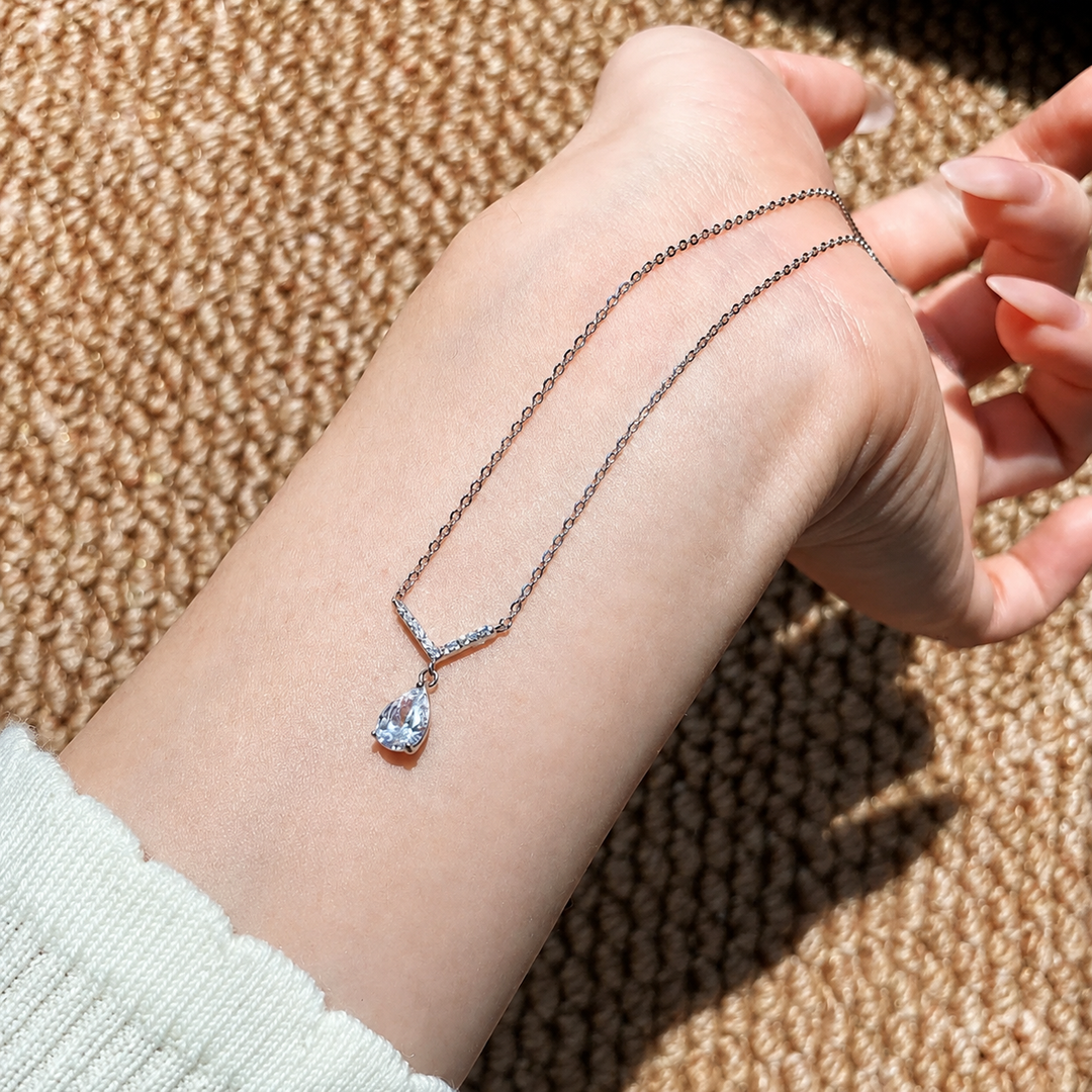 Pear-Cut V Drop Sterling Silver Necklace