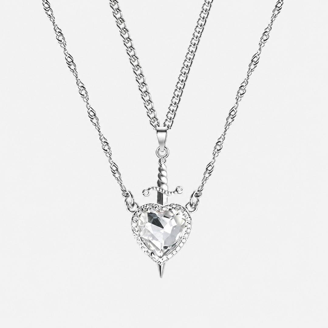 Red Crystal Heart Dagger Layered Necklace