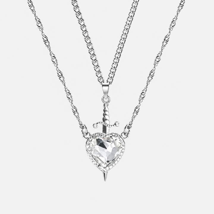 Red Crystal Heart Dagger Layered Necklace