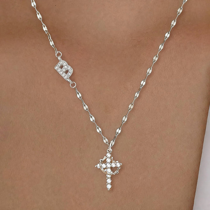 Initial Cross Zircon Pendant Necklace