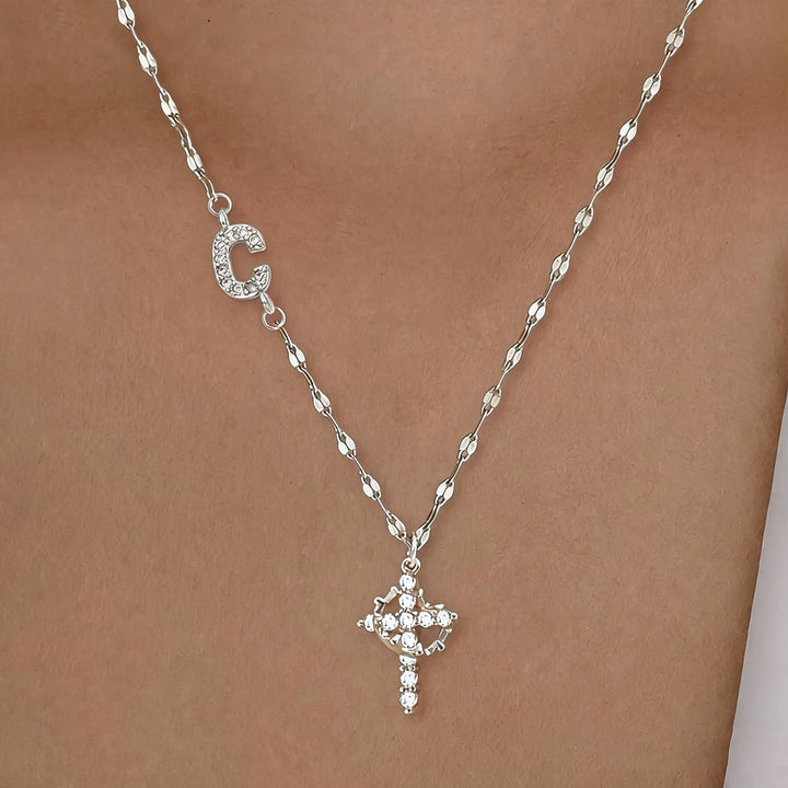 Initial Cross Zircon Pendant Necklace