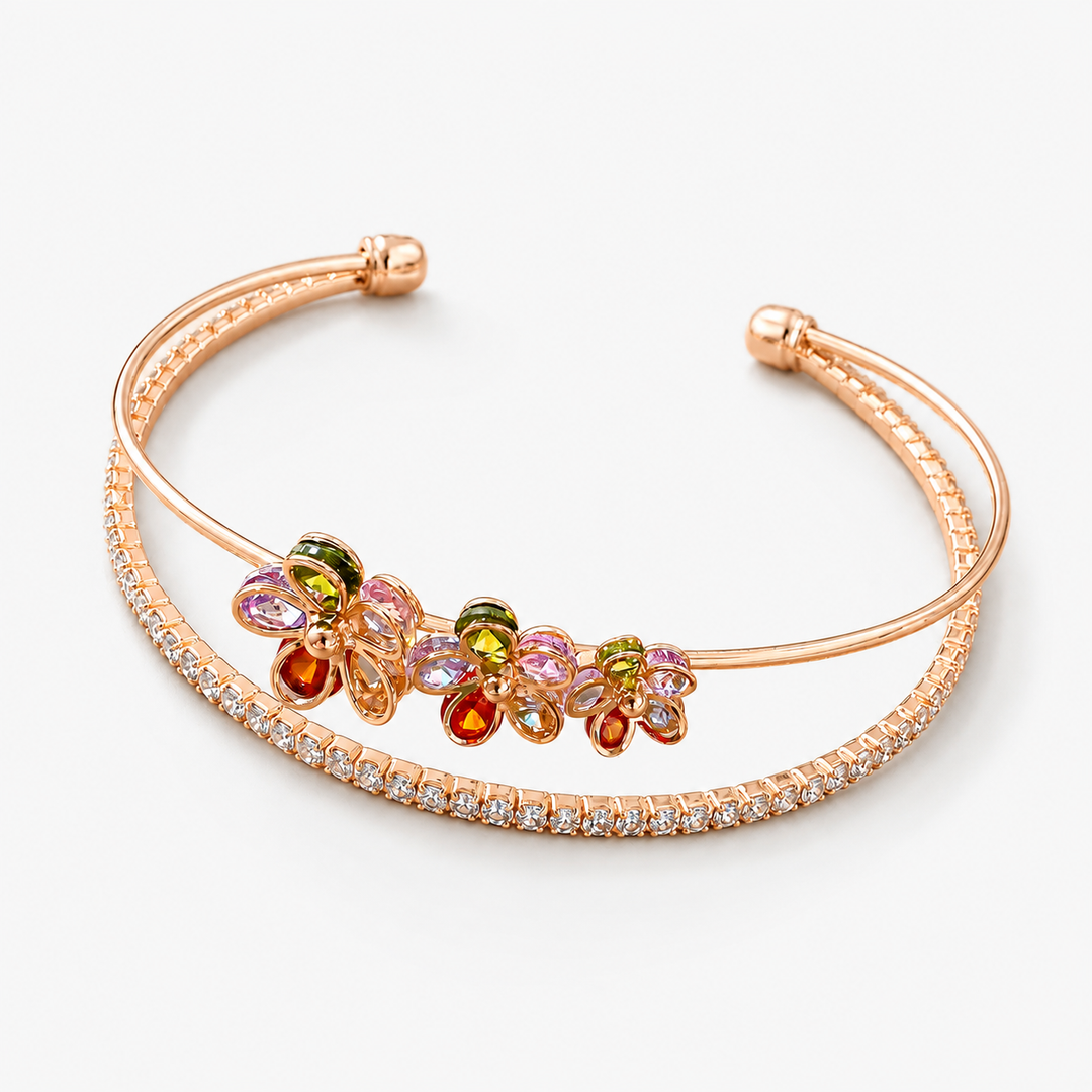 Floral Double-Band Open Cuff Bracelet