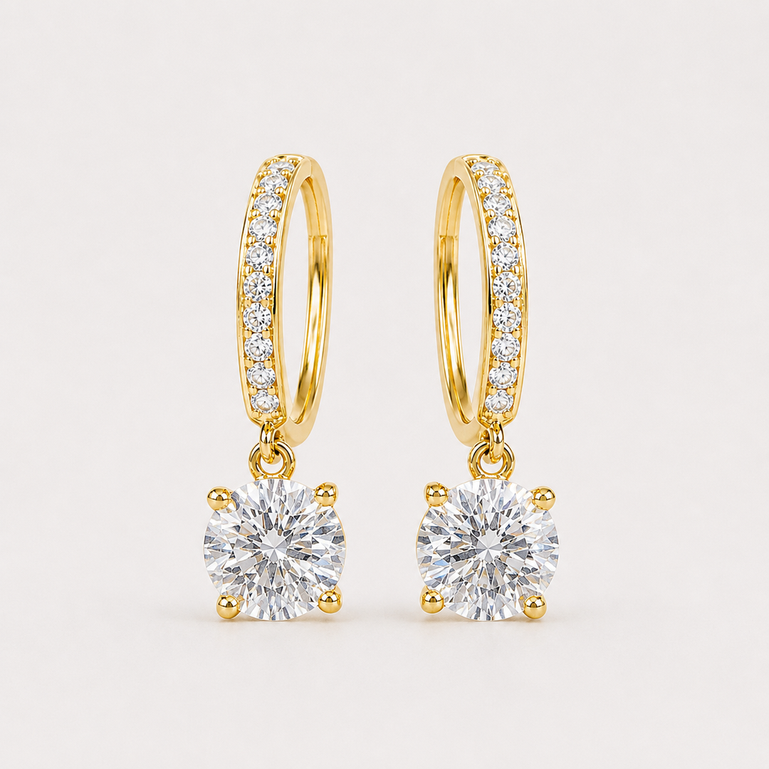 Round CZ Drop Hoop Earrings