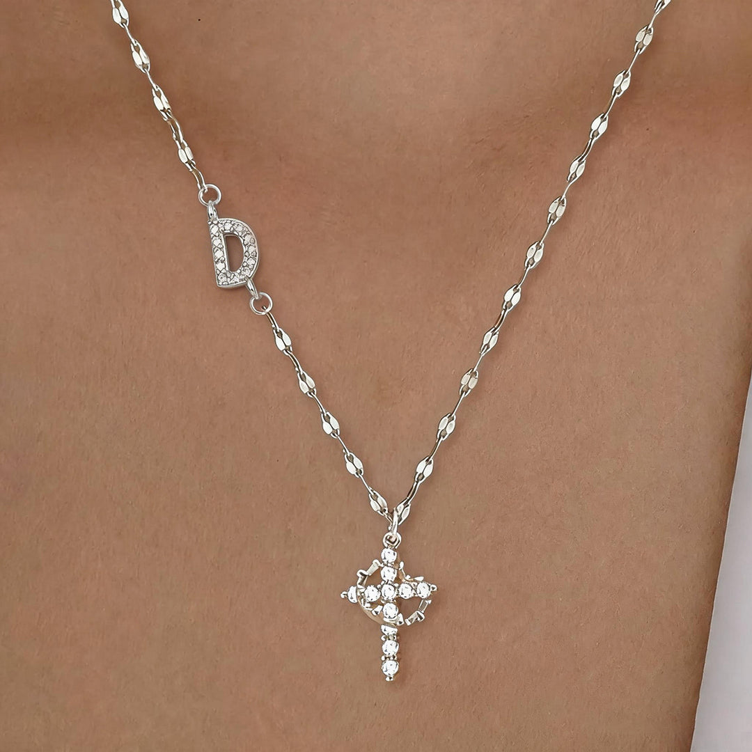 Initial Cross Zircon Pendant Necklace