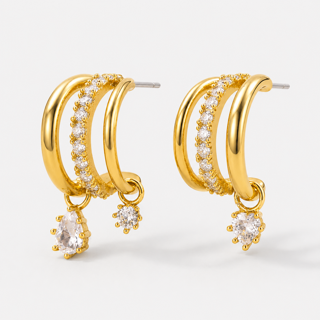 Layered Zircon Drop Hoop Earrings