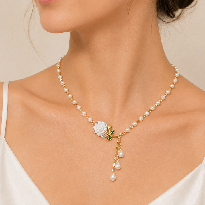 Rose &amp; Pearl Tassel Necklace