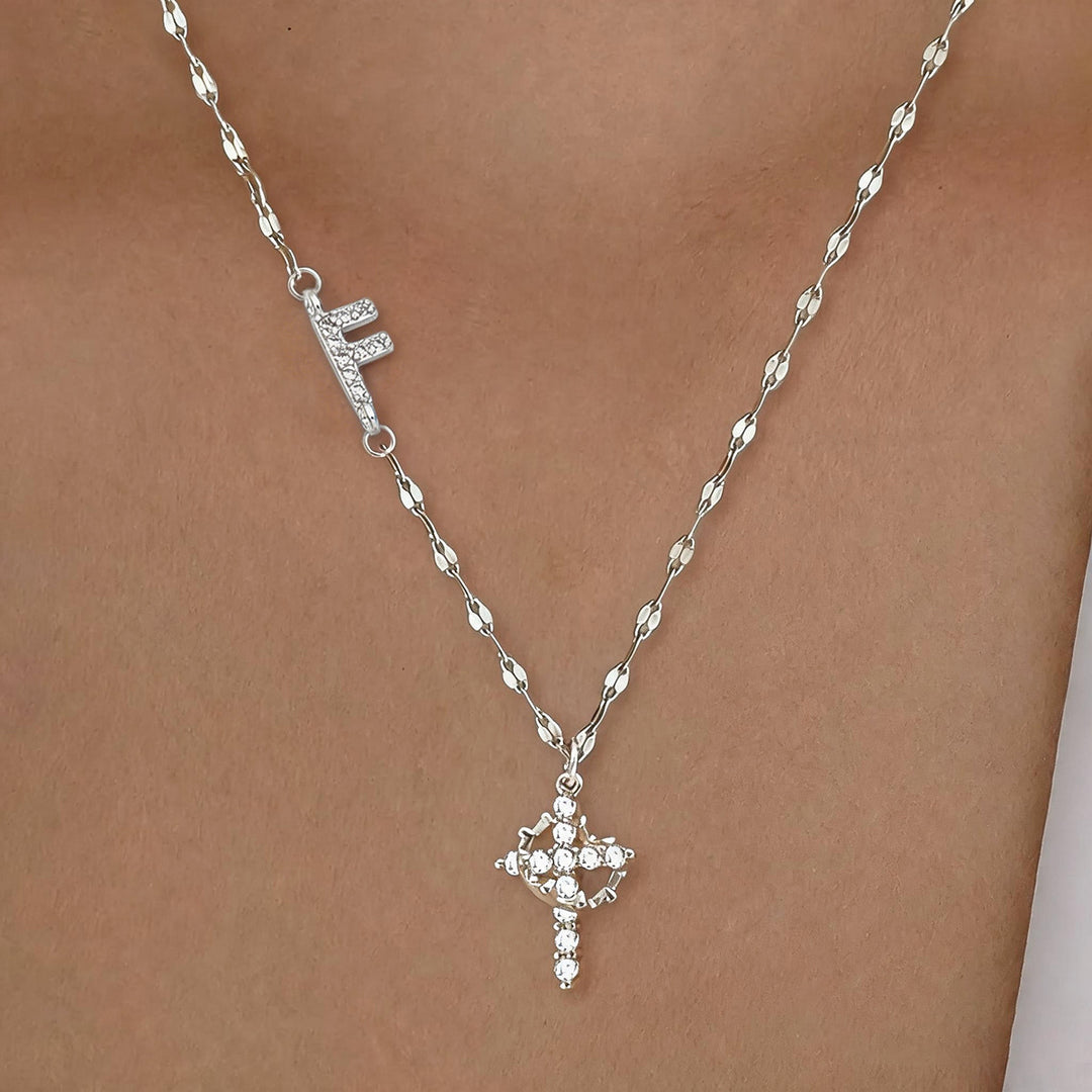 Initial Cross Zircon Pendant Necklace