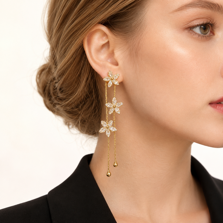 Floral Zircon Tassel Drop Earrings