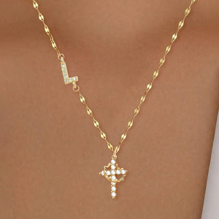 Initial Cross Zircon Pendant Necklace