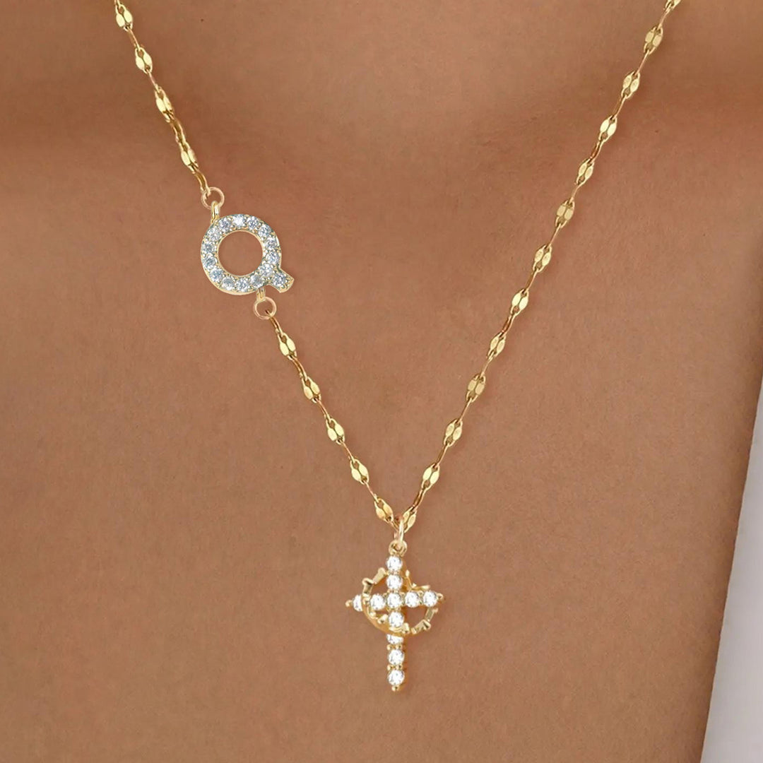 Initial Cross Zircon Pendant Necklace