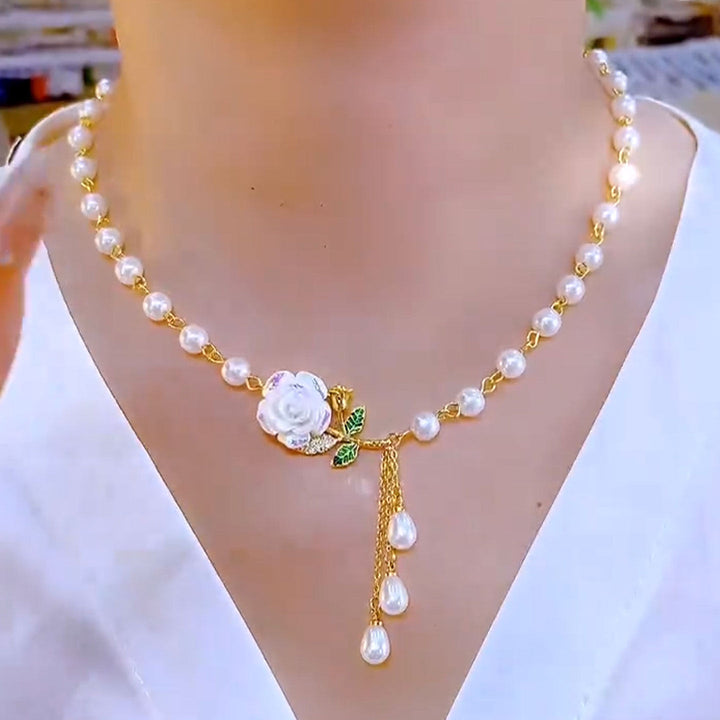 Rose &amp; Pearl Tassel Necklace