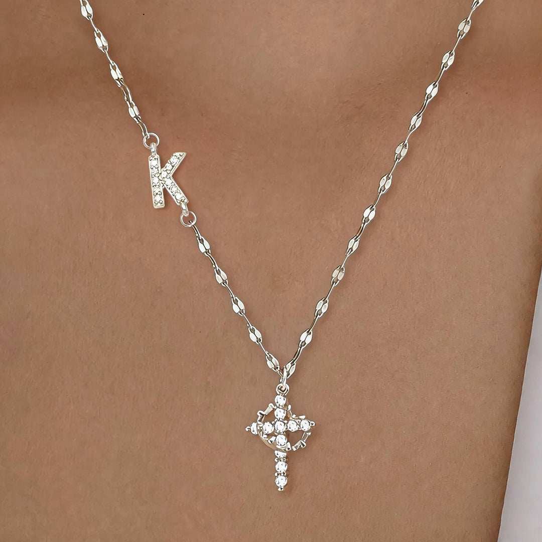 Initial Cross Zircon Pendant Necklace
