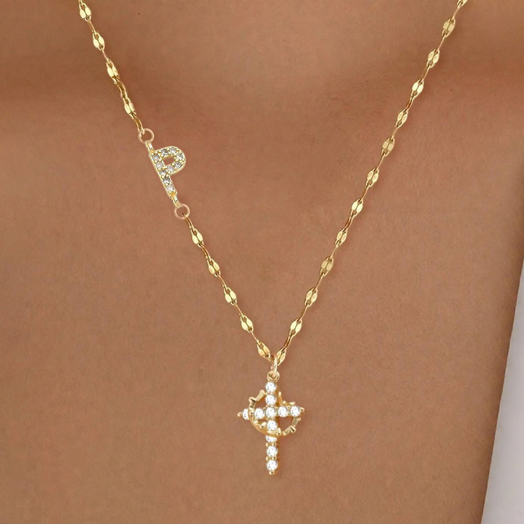 Initial Cross Zircon Pendant Necklace