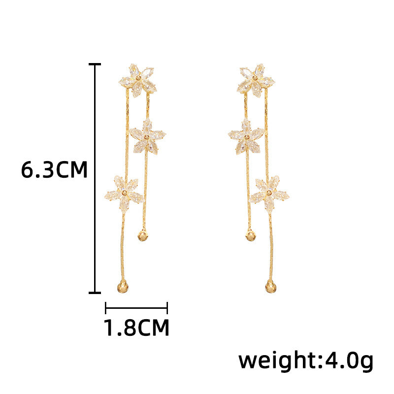 Floral Zircon Tassel Drop Earrings