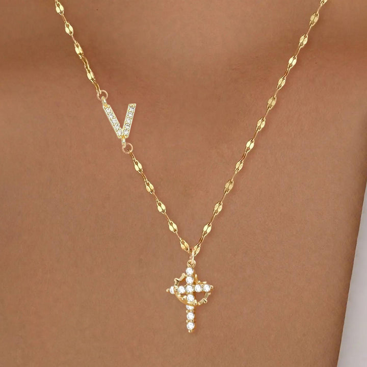 Initial Cross Zircon Pendant Necklace