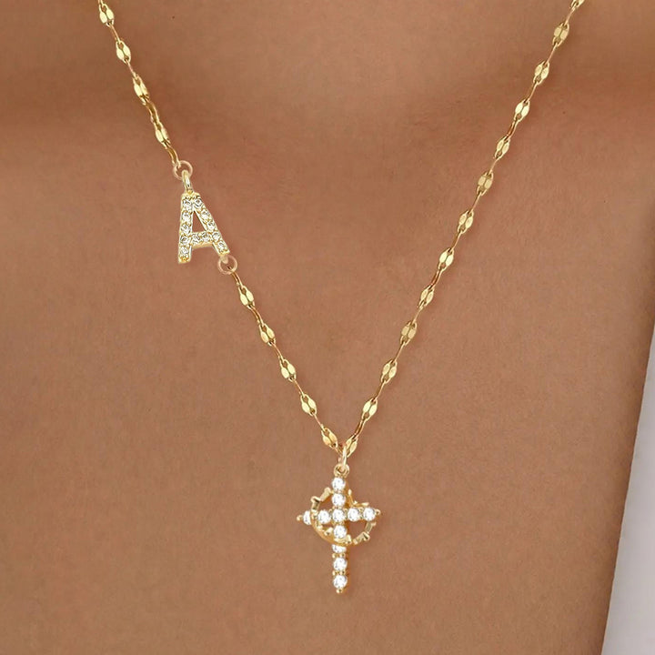 Initial Cross Zircon Pendant Necklace
