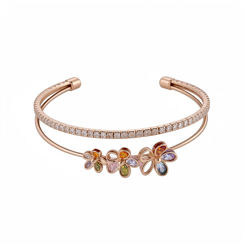 Floral Double-Band Open Cuff Bracelet