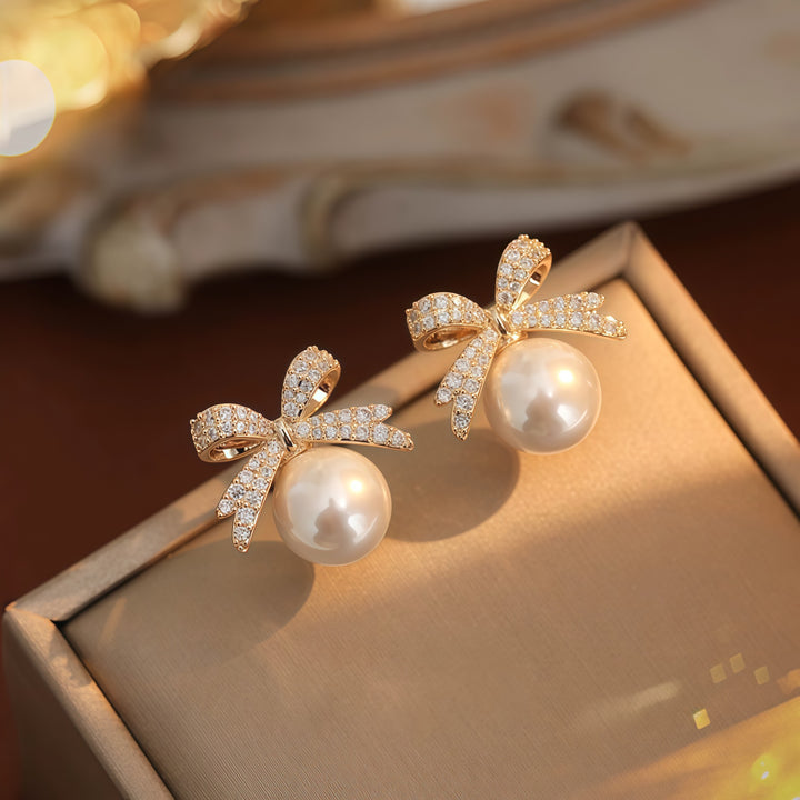 Elegant Bow Pearl Stud Earrings