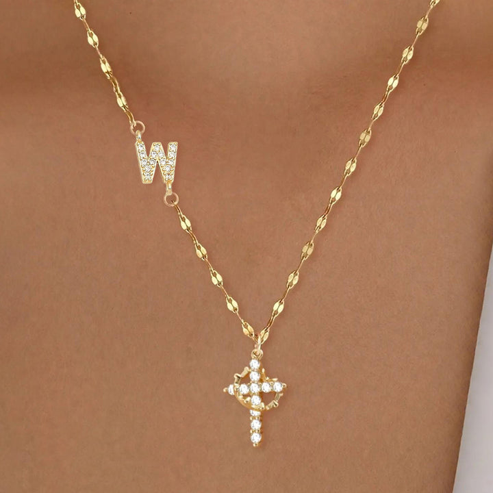 Initial Cross Zircon Pendant Necklace