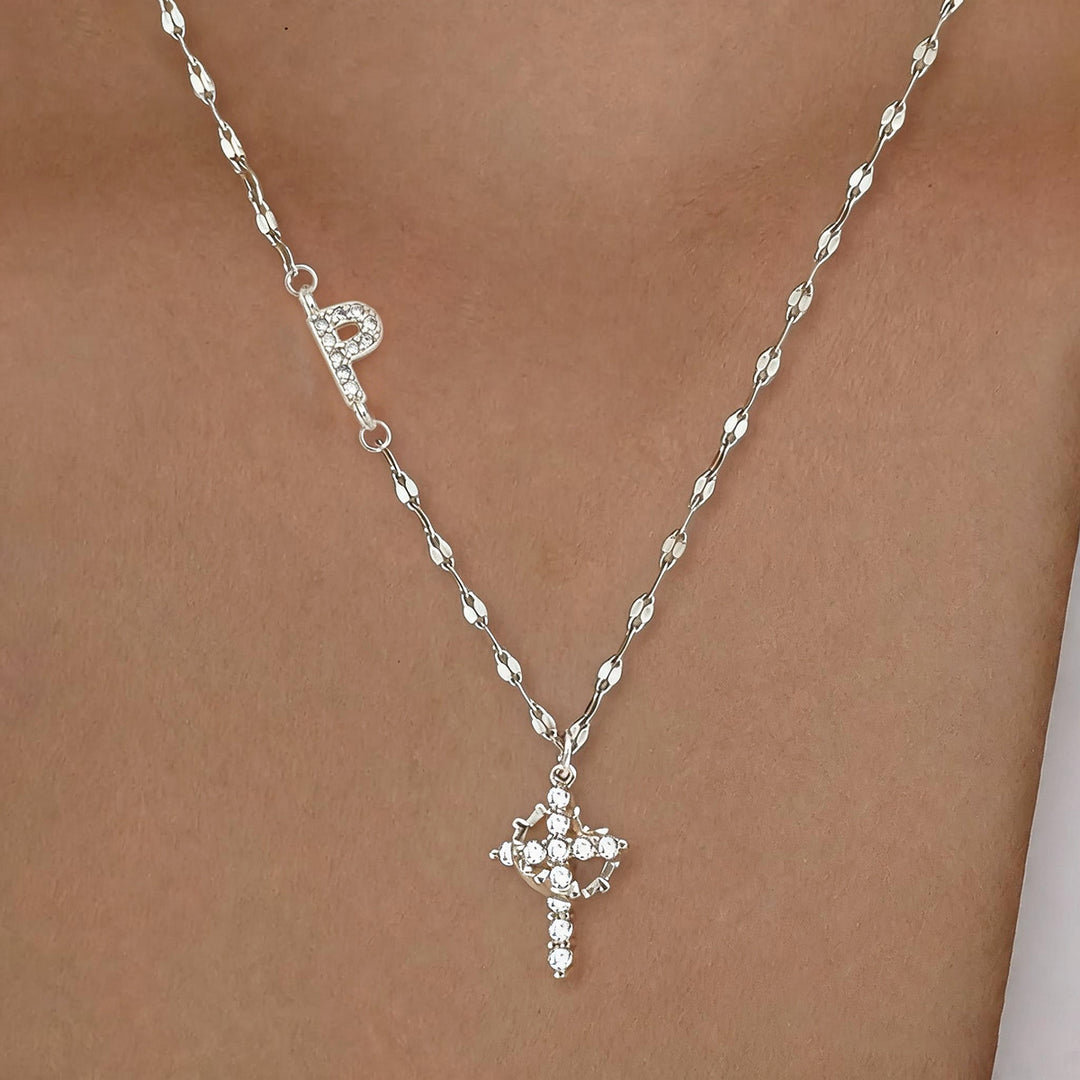 Initial Cross Zircon Pendant Necklace