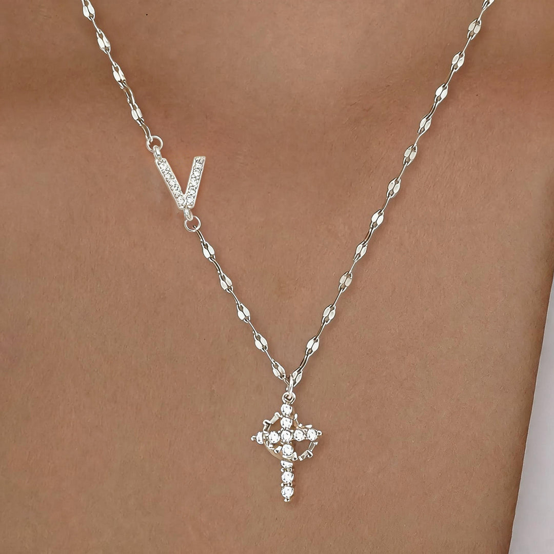 Initial Cross Zircon Pendant Necklace