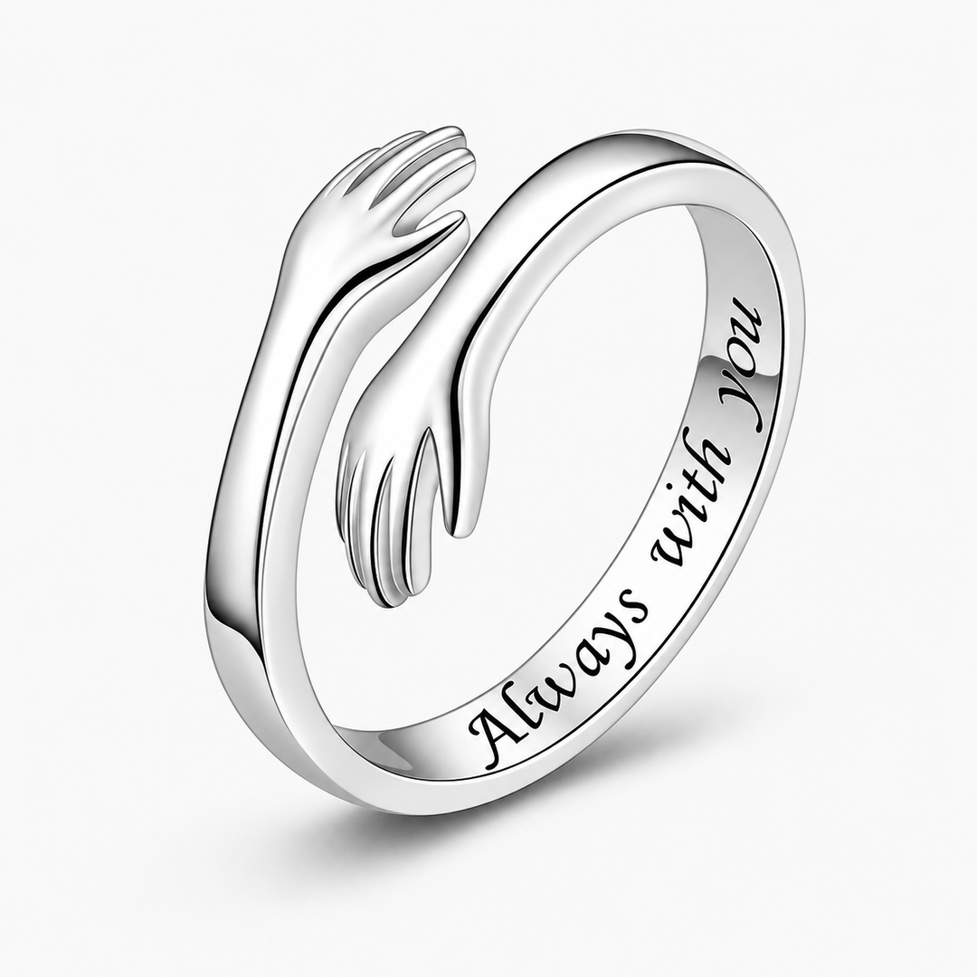 Silver hugging hands open ring with Always with You inner engraving