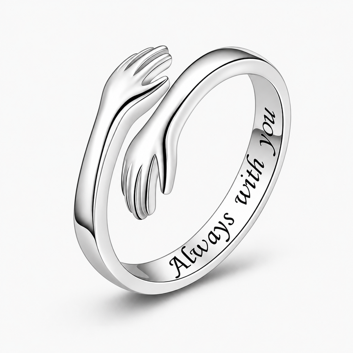 Silver hugging hands open ring with Always with You inner engraving