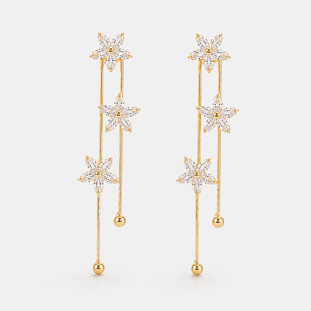 Floral Zircon Tassel Drop Earrings