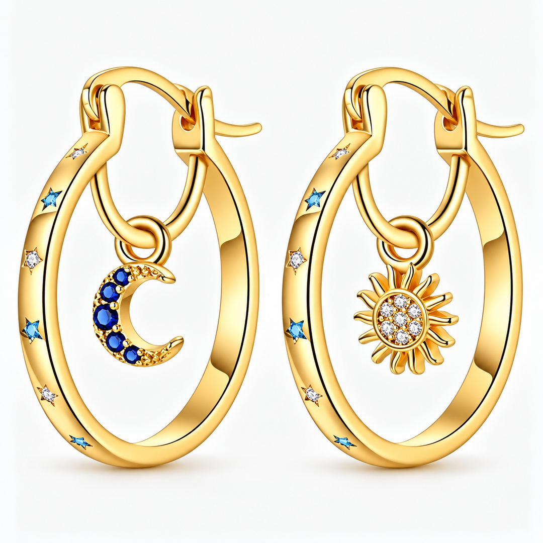 Gold celestial sun and moon hoop earrings