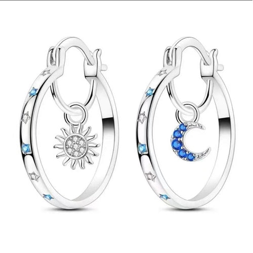 Silver celestial sun and moon hoop earrings