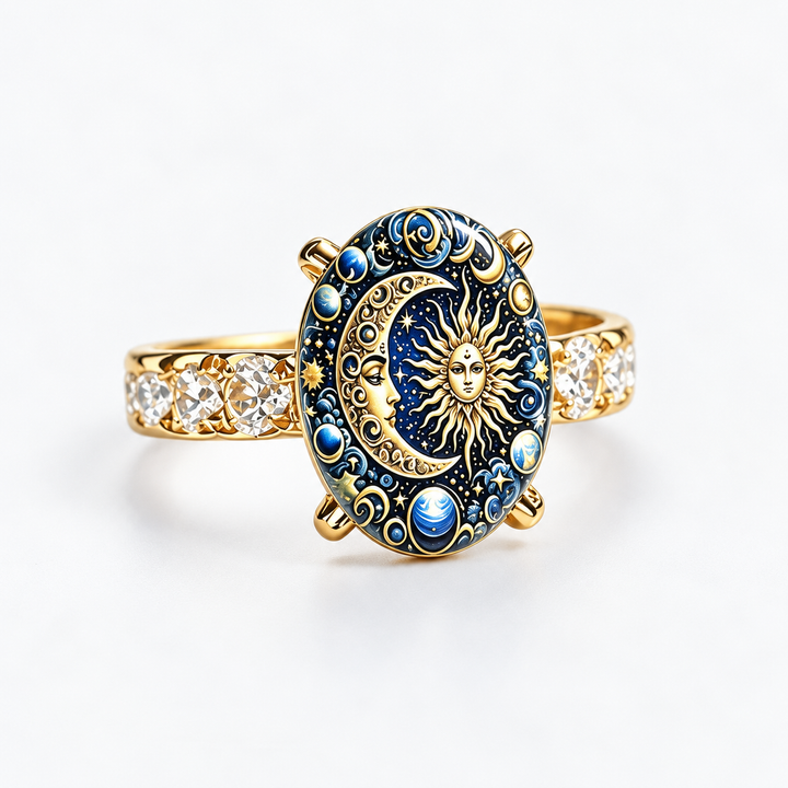 Gold celestial sun and moon ring on white background