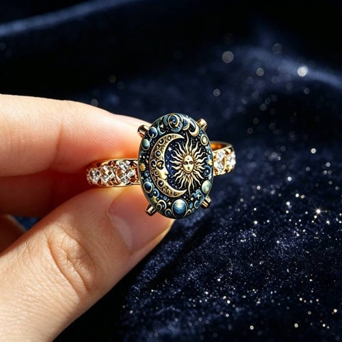 Celestial sun ring held against dark blue fabric