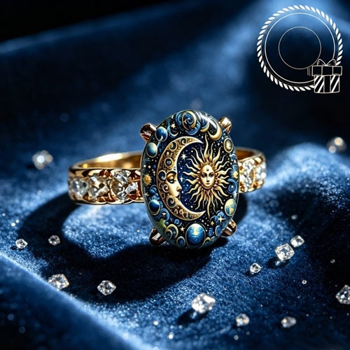 Gold celestial ring displayed on blue velvet