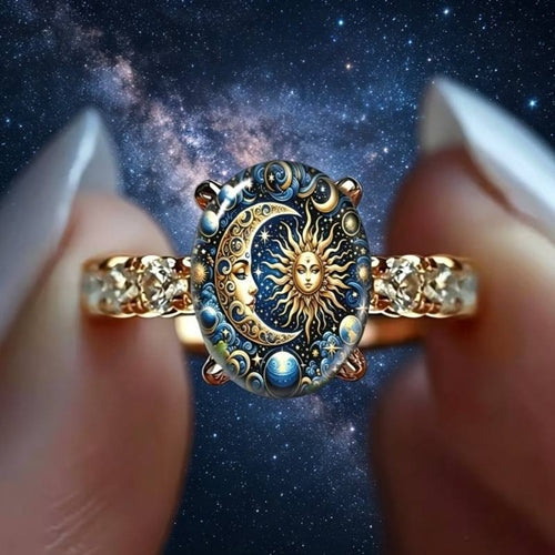 Close-up of celestial sun and moon ring