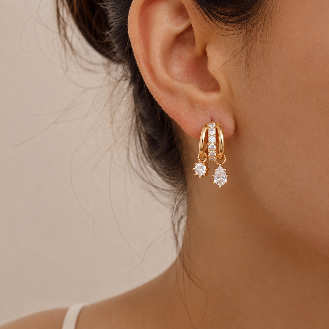 Layered Zircon Drop Hoop Earrings