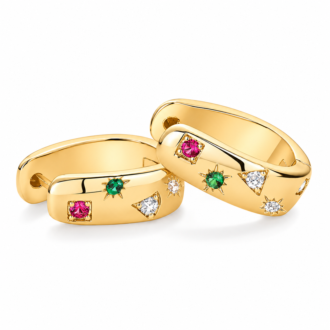 Color Pop Huggie Hoop Earrings in gold with multicolor zircon accents
