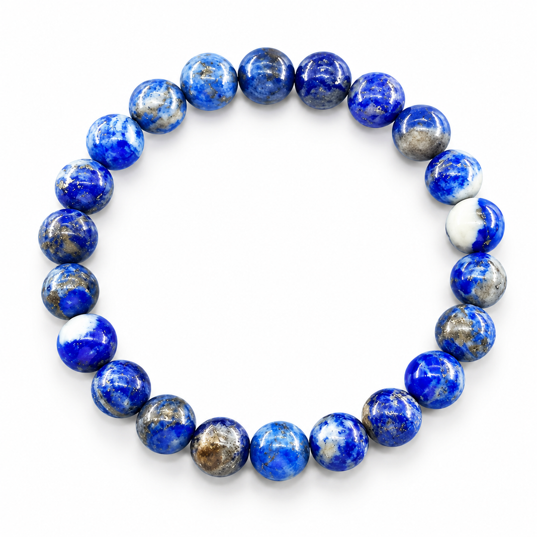 Blue lapis lazuli beaded bracelet on white background