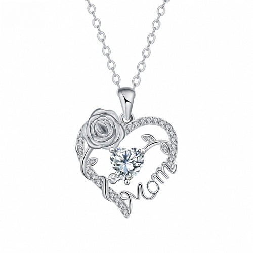 Silver Mom heart rose pendant - April - White