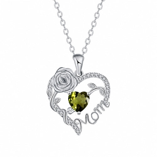 Silver Mom heart rose pendant - August - Olive Green