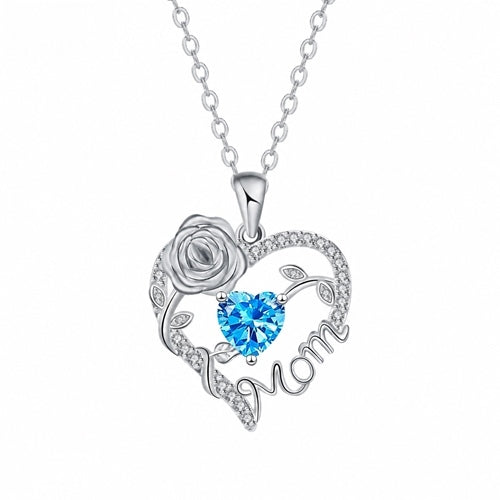 Silver Mom heart rose pendant - December - Aqua Blue