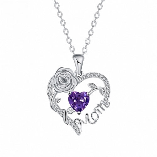 Silver Mom heart rose pendant - February - Deep Purple