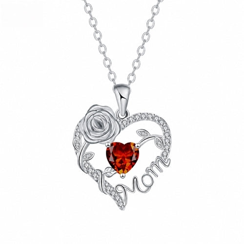 Silver Mom heart rose pendant - January - Garnet Red