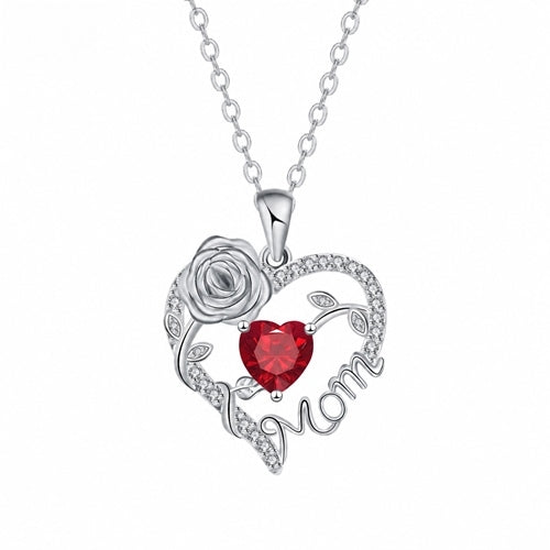 Silver Mom heart rose pendant - July - Red
