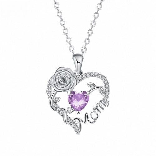 Silver Mom heart rose pendant - June - Light Purple