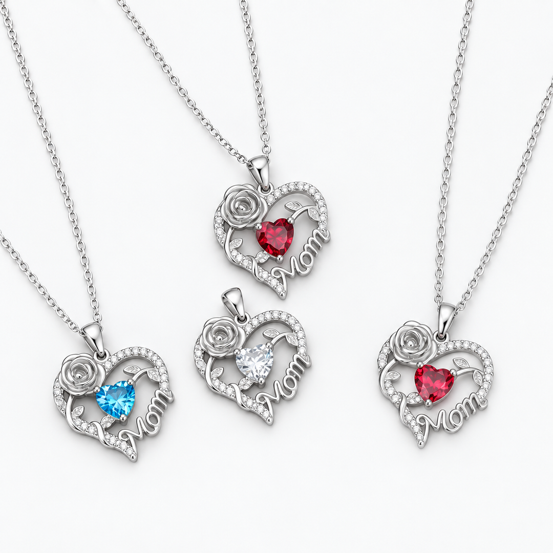 Silver Mom heart rose necklaces with colored crystals