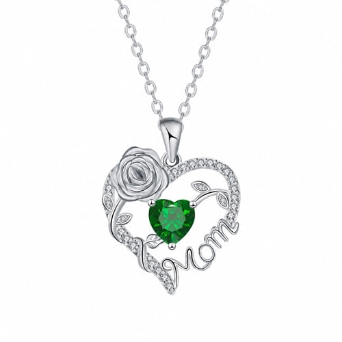 Silver Mom heart rose pendant - May - Green